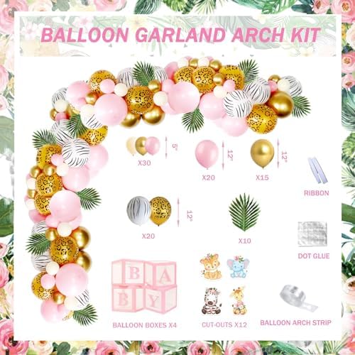 147 PCs Safari Baby Shower Decorations for Girl, Party Inspo Jungle Themed Baby Shower Décor Backdrop Balloon Garland Artificial Leaves Banner Tablecloth Cake Cupcake Topper Boxes Cutout Deer Pink - Image 5