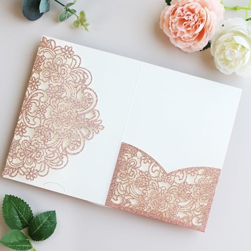 Hosmsua 50PCS Rose Gold Glitter Laser Cut Invitation Pocket, 5.12 x 7.2 Trifold Lace Floral Wedding Invitation Pockets with Envelopes for Wedding Bridal Shower Quinceanera Invite (No Inner Sheet) - Image 3