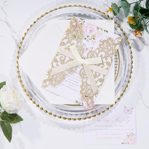 50Pcs Gold Glitter Laser Cut Wedding Invitation with Envelopes RSVP Cards - Image 2
