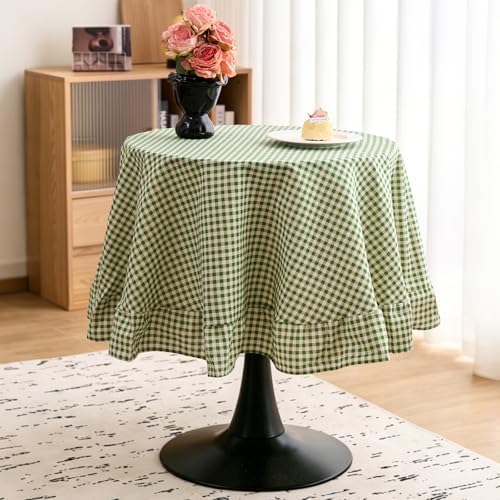 vctops Farmhouse Sage Green Gingham Ruffle Table Cloth, Boho Cotton Linen Tablecloth, Washable Table Cover for Round Table Baby Shower Kitchen Party Wedding Decor (Sage Green,70") by vctops
