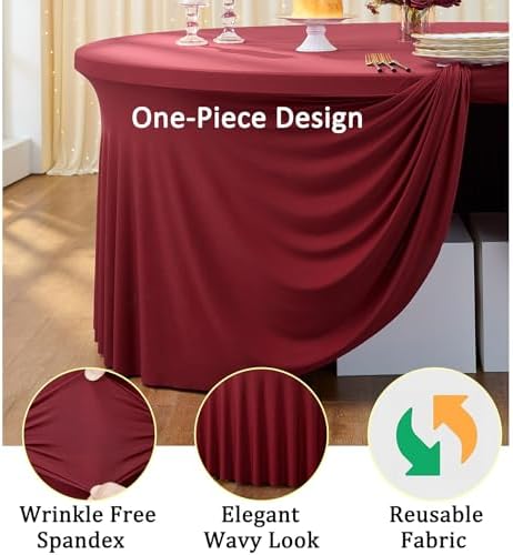 8 Pack Burgundy Round Spandex Tablecloth for 72 inch Table, Stretchy 132inch Fitted 6FT Round Table Cloths Maroon, Wrinkle Free Table Cover with Skirt for Wedding Birthday Christmas Party Banquet - Image 3