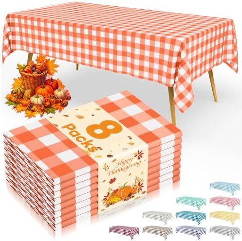 Smiry 8 Packs Gingham Disposable Table Cloth, 54 x 108 Inch Waterproof Plastic Tablecloth, Rectangle Orange and White Checkered Table Covers for Picnic, Birthday, Party by Smiry