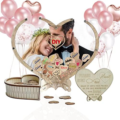 Wedding Guest Book Alternative, Personalized Rustic Drop Box Guest Sign DIY Custom Picture Frame 65 Wooden Hearts,Reception Bridal Baby Shower Birthday Funeral Graduation Anniversar (Heart-Shaped) by Guestbooks