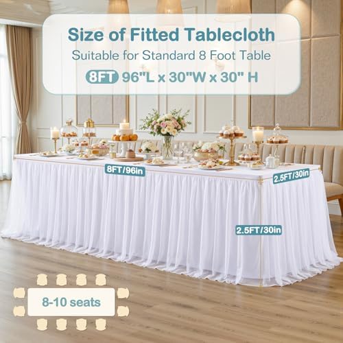 White Tablecloth for 8 Foot Rectangle Tables with Ruffle Tulle Table Skirt - Image 3