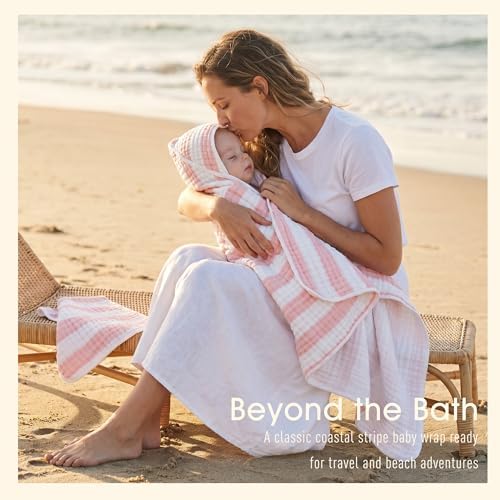 Organic Muslin Hooded Baby Bath Towel 4pc for Newborn - Pink Stripe - Image 5