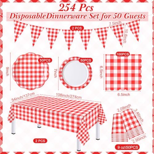 Red 254 Pcs Gingham Plates Napkins Party Supplies for 50 - Image 3