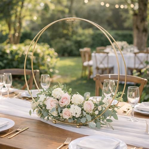8 Pack 18 Inches Metal Double Floral Hoop Centerpieces with Stand and 38-Yard Paddle Wire Craft Centerpiece Table Decorations Wedding/Baptism/Party/Centerpiece DIY Metal Ring Table Décor, Gold - Image 2