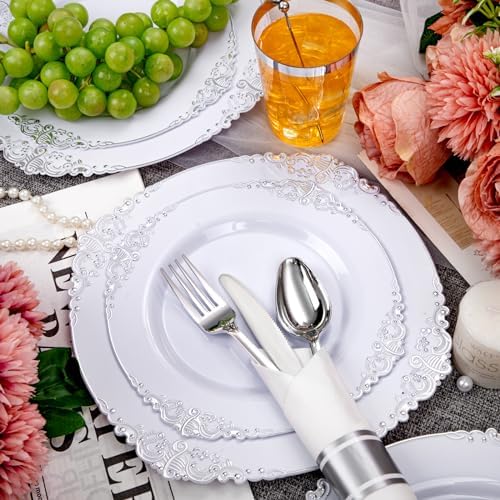Hioasis 210 Pcs White Silver Plates for Party - Image 4