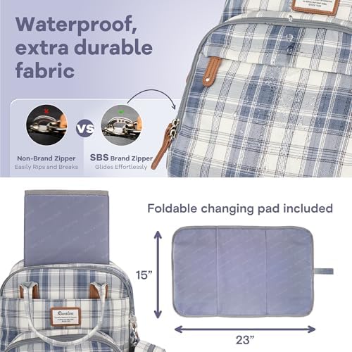 RUVALINO Diaper Bag Backpack, Multifunction Travel Pack Maternity Baby Changing Bags, Large Capacity, Waterproof, Blue Plaid - Image 7