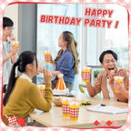 Funnymoom 50 Sets 20 oz Red Gingham Plastic Cups with Lids and Paper Straws - Image 4
