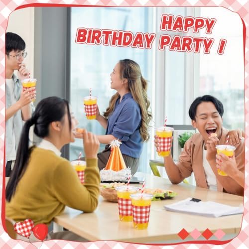 Funnymoom 50 Sets 20 oz Red Gingham Plastic Cups with Lids and Paper Straws - Image 4