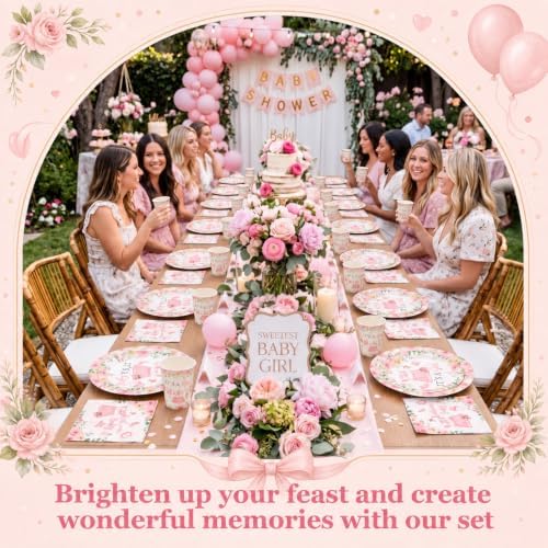 Pickmesh 250 Pcs Pink Floral Baby Girl Disposable Tableware Set Hello Sweet Baby Paper Plates Napkins Cups Cutlery for Gender Reveal Birthday Party Supplies Babies Shower, Serve 50 Guest - Image 5