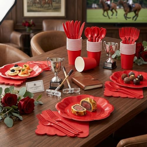Vyntra Red Paper Plates, Cups & Napkins, 350 Pcs Scalloped Party Set - Image 4