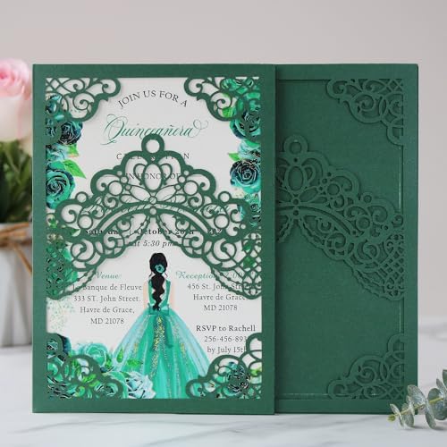 Hosmsua 50PCS Personalized Emerald Green Quinceanera Invitations Kit, 5.1x7.3 Inch Laser Cut Floral Crown Pocket Quinceanera Invitation Cards with Envelopes for Birthday Quince Anos Invite - Image 2