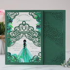 Hosmsua 50PCS Blank Emerald Green Crown Quinceanera Invitations with Envelopes, 5.1x7.3 Inch Laser Cut Floral Pocket Invitation Cards for Quinceanera Birthday Quince Anos Invite - Image 2