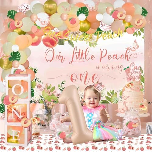 130 PCs One Sweet Peach Birthday Decorations, Fiesec Peach 1st Party Decorations Backdrop Balloon Garland Leaves Monthly Photo Highchair Banner Cake Topper Box Cutout Crown Poster Pastel Peach - Image 6