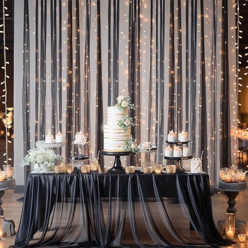 30×10ft Black Tulle Backdrop Curtain with Lights String for Parties, Sheer Curtain Backdrop Drapes for Wedding Party Photography Background - Image 3