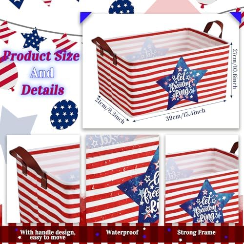 CHENGU 6 Pack 4th of July Storage Baskets Collapsible Patriotic Bins for Gifts 250th Independence Day Red Blue White Large Gnomes Basket Foldable American Flag Box with Handle for Party Bedroom Home - Image 3