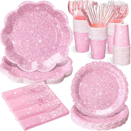 Hushee 175 Pcs Light Pink Party Supplies 25 Guests Holographic Print Disposable Dinnerware Include Scalloped Plates, Napkins, Paper Cups, Plastic Cutlery for Kpop Disco Birthday Baby Shower Wedding by Hushee