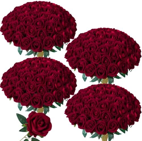 100 PCS Burgundy Roses Artificial Flowers, Fake Roses with Stem Realistic Silk Roses for DIY Wedding Bouquets Table Centerpieces Arrangement Baby Shower Birthday Home Decor Valentines Day Gift for Her by HyeFloraartificialflowers