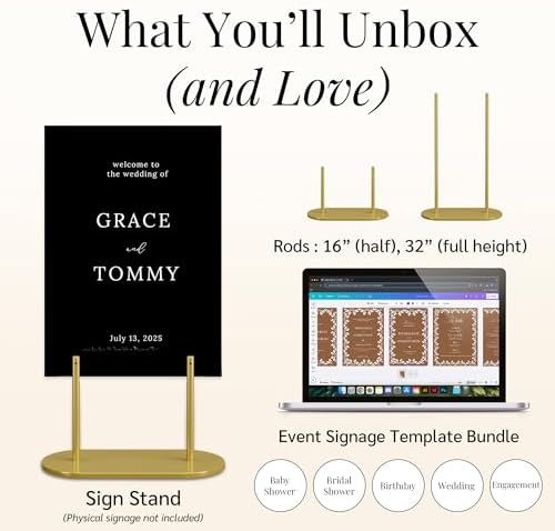Gold Wedding Welcome Sign Stand with Holder - Elegant Metal Easel Display for Seating Chart, Reception Signs, Welcome Board - 30+ Customizable designs for Baby, Bridal Shower - Versatile Party Sign Holder - Image 2
