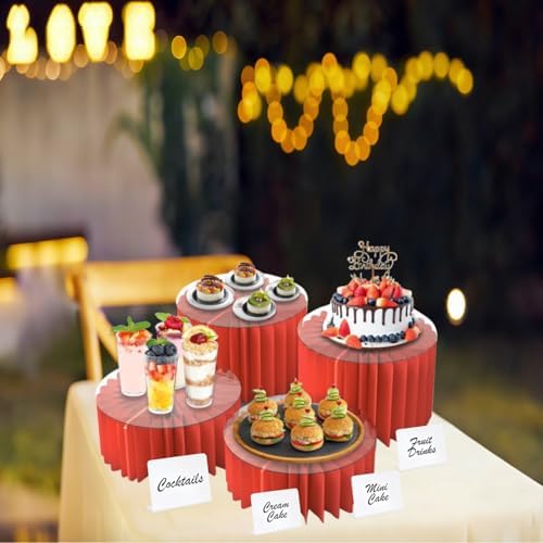 4 Pack Buffet Risers Food Risers for Buffet Table Acrylic Risers Display Stands Tall Cake Stands Cylinder Stands for Party Pedestal Cake Stand Dessert Table Display Set Cupcake Stands Cupcake Display (red, 4) - Image 4