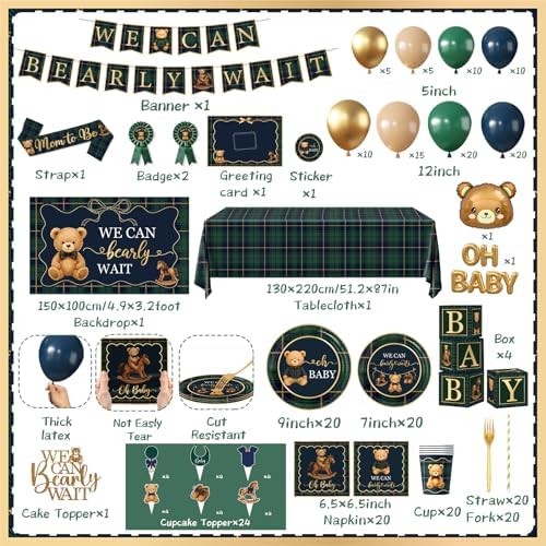 Bear Baby Shower Decorations,Tartan Plaids Teddy Bear Baby Shower Decor, Luxury Equestrian Bear Baby Shower Mom to Be Sash,Balloons,Boxes,Plates,Napkins,Backdrop for Vintage Baby Shower Gender Reveal - Image 2