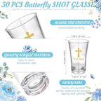 Funnymoom 50 Sets God Bless Shot Glasses Religious Party Favors for Guests Souvenir Baptism Cross Blue Floral Thank You Tags with Organza Bags Twine for Christening Celebration Baby Shower - Image 2