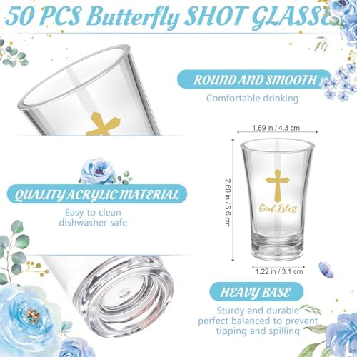 Funnymoom 50 Sets God Bless Shot Glasses Religious Party Favors for Guests Souvenir Baptism Cross Blue Floral Thank You Tags with Organza Bags Twine for Christening Celebration Baby Shower - Image 2