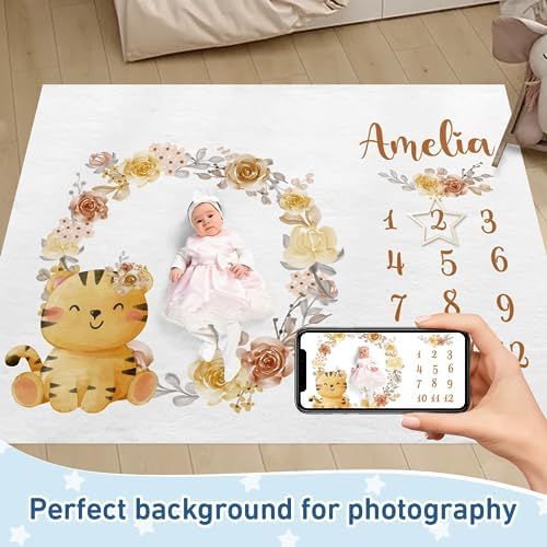 Personalized Baby Monthly Milestone Blanket Boy or Girl - Tiger Print Months Blanket with Wood Frame and Newborn Wooden Sign - Growth Chart Milestone Blanket 1-12 Month Milestones - Image 2