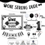 Gym First Birthday Decorations Glitter One Strong Dude Banner Black Gingham Backdrop Highchair Banner Weight Lifting Cake Cupcake Toppers Balloons for Baby Boys Weightlifting Sports 1st Bday Supplies - Image 6