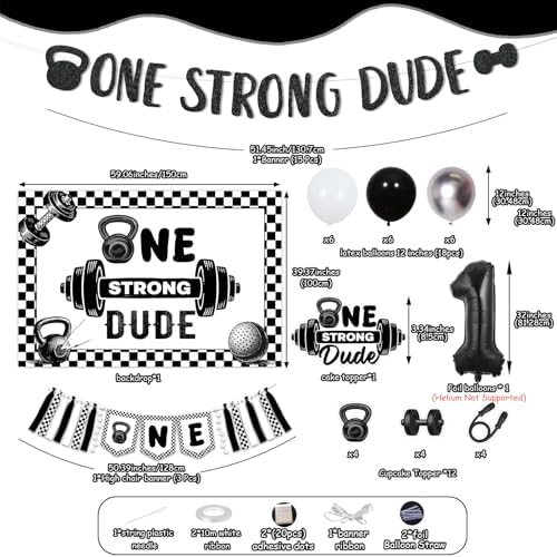 Gym First Birthday Decorations Glitter One Strong Dude Banner Black Gingham Backdrop Highchair Banner Weight Lifting Cake Cupcake Toppers Balloons for Baby Boys Weightlifting Sports 1st Bday Supplies - Image 6