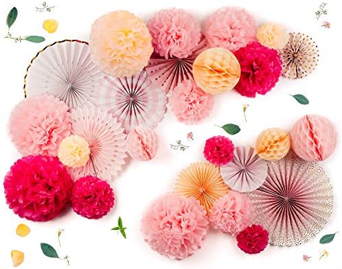 PapaKit Deluxe Origami Large Wall Decoration Set (Assorted Paper Fans & Pom-poms) Birthday Party Baby Shower Wedding Event Decor | Creative Art Design (Sparking Pink Rose Blush, Deluxe 26 Piece Set) - Image 3