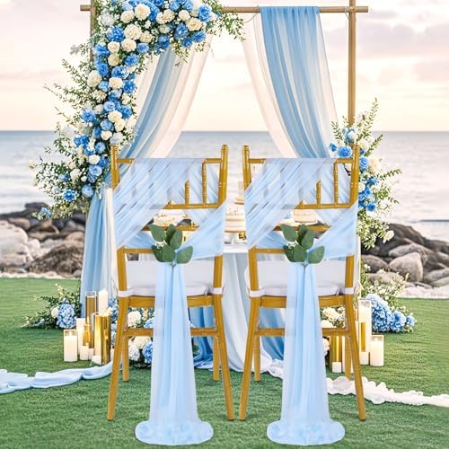 QueenDream Light Blue Sashes Chair Aisle Decorations: 24 Pack Baby Shower Chair Cover 8FT Long Tulle Draping Fabric Wedding Reception Church - Image 2