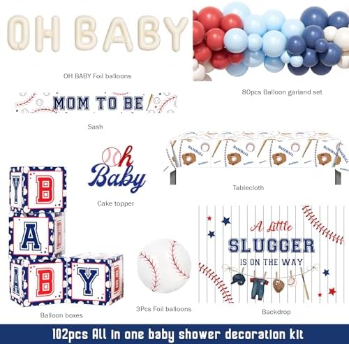 Baseball Baby Shower Decorations – 102 PCs A Little Slugger Is On The Way Backdrop, Balloon Garland Cake Topper Boxes Tablecloth Baseball Sash for Boy Baby Shower Party - Image 2