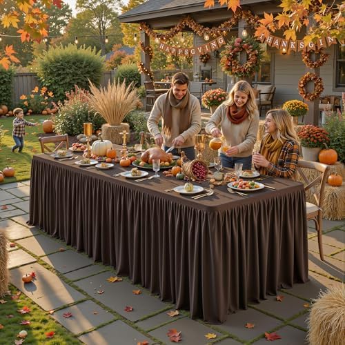 Chocolate Brown Tablecloth Rectangle Tables 8FT, Polyester Wrinkle Free Stretch Table Cloth 6ft Fitted Table Cover with Pleated Ruffle Skirt for Weddings Birthday Banquet Baby Shower - Image 6