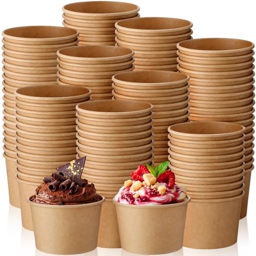 Honeydak 200 Pcs 4 oz Kraft Paper Ice Cream Cups Disposable Dessert Bowls for Hot or Cold Food Brown Paper Snack Containers for Sundae, Frozen Yogurt, Soup Baby Shower Party Supplies by Honeydak