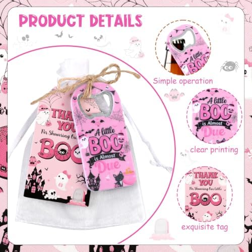 24 Sets Halloween Bottle Openers Baby Shower Party Favors, Pink Black Bottle Opener Keychain Set with Thank You Tags Organza Bags for A Little Boo Is Almost Due Party Guest Gifts Decor - Image 5