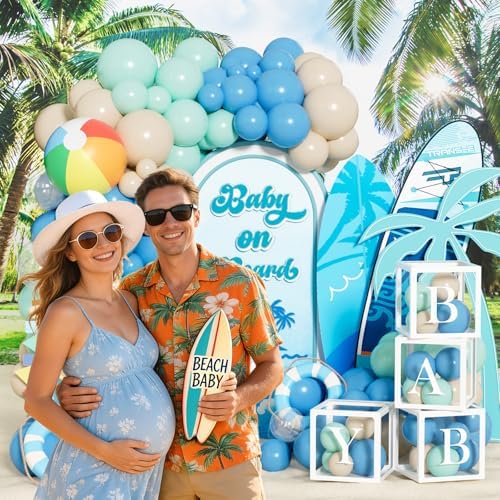 Party Inspo Baby on Board Baby Shower Decorations - 122Pcs Surf Theme Party Supplies for Boys with Backdrop, Tablecloth, Balloon Boxes and Ocean Blue Garland Kit - Image 6