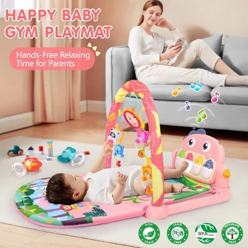 UMIKU Baby Play Mat Tummy Time Mat Gym Girl Activity Center, Pink Dinosaur - Image 2
