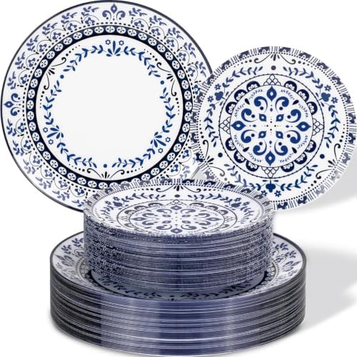 Hioasis Blue Plastic Plates, Floral Disposable Plates, 60 Pcs for 30 Guests by Hioasis