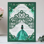 Hosmsua 50PCS Personalized Emerald Green Quinceanera Invitations Kit, 5.1x7.3 Inch Laser Cut Floral Crown Pocket Quinceanera Invitation Cards with Envelopes for Birthday Quince Anos Invite - Image 4