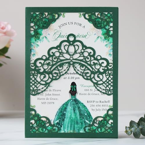 Hosmsua 50PCS Personalized Emerald Green Quinceanera Invitations Kit, 5.1x7.3 Inch Laser Cut Floral Crown Pocket Quinceanera Invitation Cards with Envelopes for Birthday Quince Anos Invite - Image 4