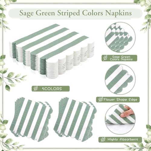 Mimorou 175 Pcs Sage Green and White Striped Party Tableware for 25 - Image 5