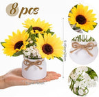 Zeyune 8 Pcs Sunflower Potted Plants Rustic Summer Spring Kitchen Wedding Table Centerpieces Silk Yellow Fake Flower with Plastic Pot for Home Bathroom Office (White, Sunflower and Baby's Breath) - Image 2