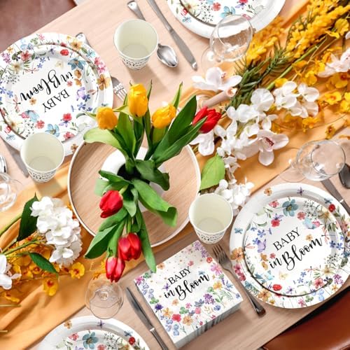 Hsei 250 Pcs Baby in Bloom Baby Shower Decorations Wildflower Plates and Napkins Set Floral Party Tableware Set for 50 Guests Floral Disposable Plates Napkins Cups for Birthday Party Supplies - Image 4