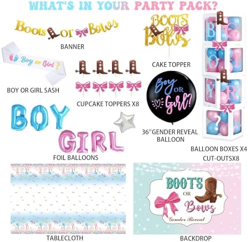Boots or Bows Gender Reveal Decorations, Baby Boy or Girl Party Decor Backdrop Balloon Garland Banner Tablecloth Cake Cupcake Topper Box Sash Pink Blue - Image 2