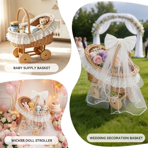 15.7 In Woven Rattan Stroller Shaped Flower Basket，Wicker Stroller Basket - Image 7