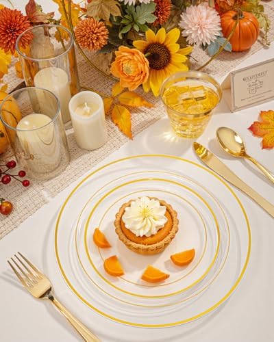 bUCLA 600PCS Clear Plates with Gold Trim - Clear Gold Dinnerware Set Disposable Include 100 Dinner/100 Dessert Plates, 100 Knives, 100 Forks, 100 Spoons, 100 Cups for Wedding, Party - Image 4