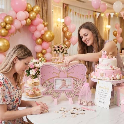 Kosiz 65 Pcs Pink Bow Baby Shower Guest Book Alternative for 60 Guests - Image 5